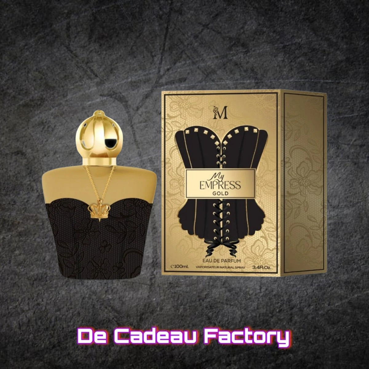 De Cadeau Factory My Empress GOLD parfumfles met gouden dop en zwart korsetontwerp naast de bijpassende luxe doos