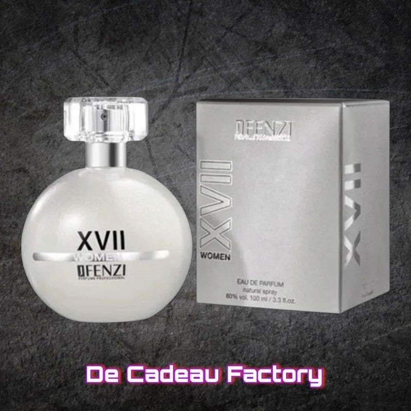 De Cadeau Factory JFENZI XVII Women eau de parfum in een ronde witte flacon met zilveren verpakking