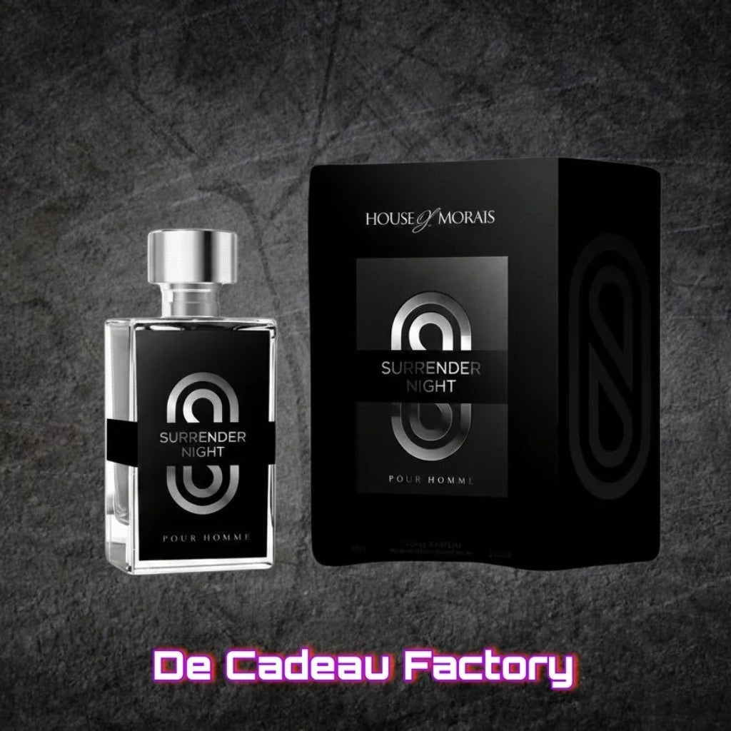 De Cadeau Factory House of Morais Surrender Night herenparfum in een luxe glazen flacon met zwarte verpakking.