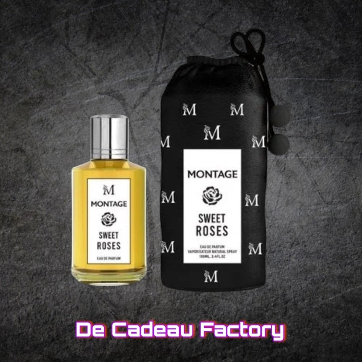 De Cadeau Factory Montage Sweet Roses parfumfles met bijbehorend zwart etui met logo en rozenmotief