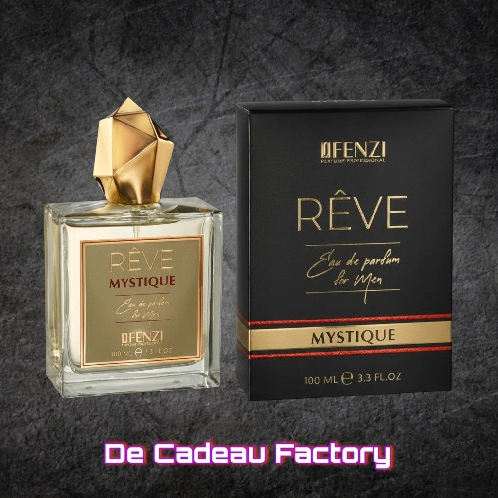 De Cadeau Factory JFENZI Rêve Mystique eau de parfum voor heren in een luxe glazen fles met gouden dop en doos.
