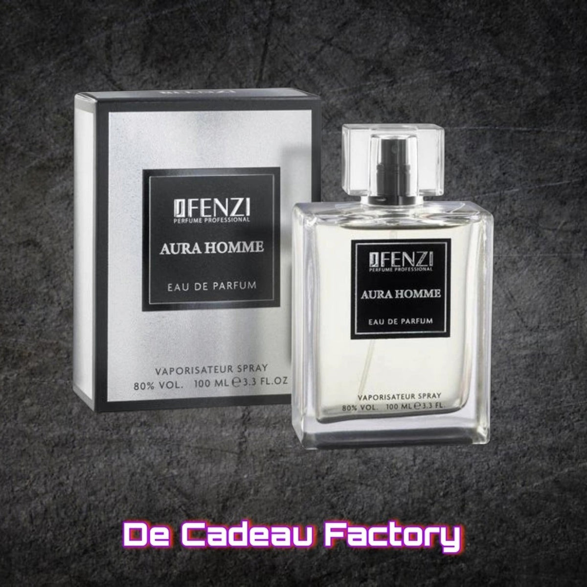 De Cadeau Factory JFENZI Aura Homme eau de parfum voor heren in een glazen flacon van 100 ml met zilveren verpakking.