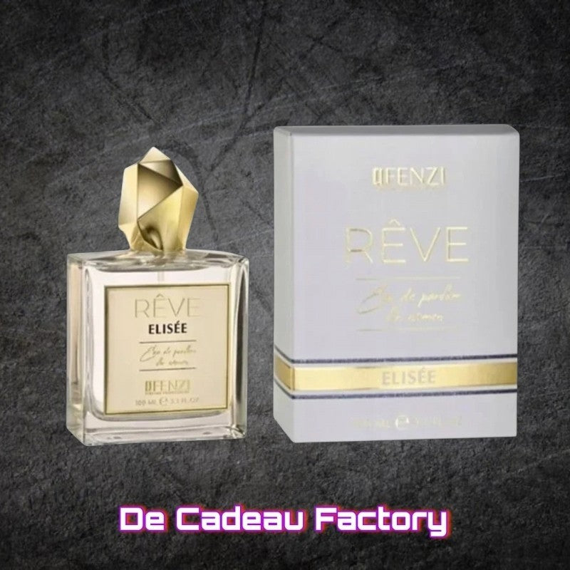 De Cadeau Factory JFENZI Rêve Elisée eau de parfum voor dames in een glazen flacon met gouden dop en bijpassende doos.