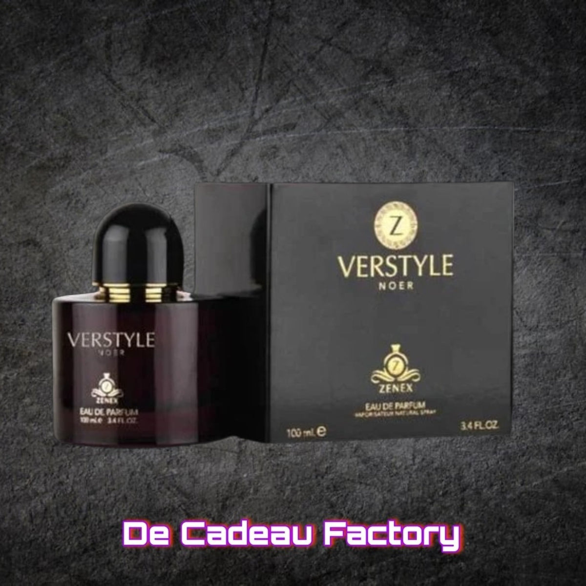 De Cadeau Factory Rovena Verstyle Noer eau de parfum in een donkere glazen flacon met bijbehorende zwarte verpakking.