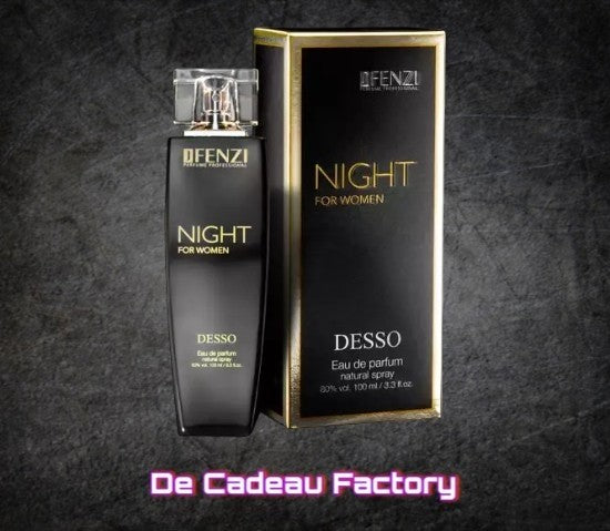 De Cadeau Factory JFENZI Night Desso eau de parfum voor dames in een elegante zwarte 100ml flacon met bloemige noten.