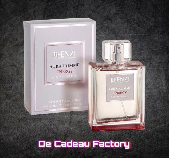 De Cadeau Factory JFENZI Aura Homme Energy eau de parfum 100ml fles met bijbehorende verpakking voor heren.