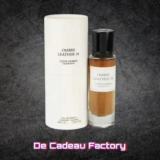 De Cadeau Factory Clive Dorris Ombre Leather 16 eau de parfum in een glazen fles met witte cilindrische verpakking