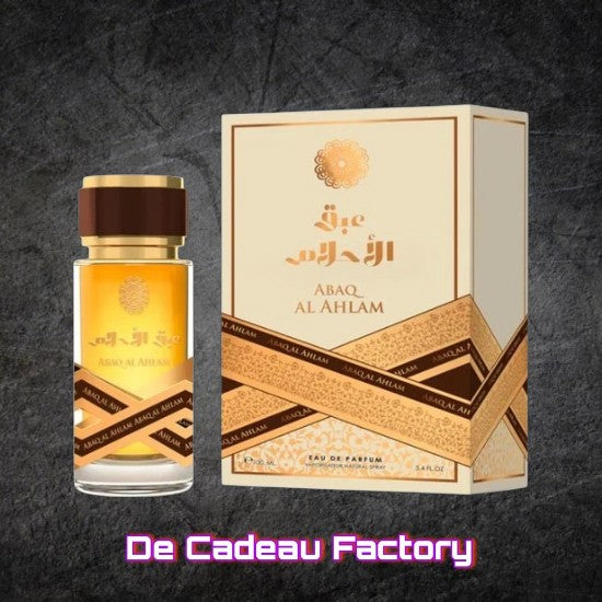 De Cadeau Factory Abaq Al Ahlam eau de parfum met oudh en karamel in een elegante fles en bijpassende verpakking