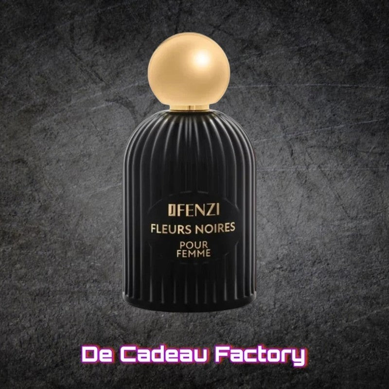 De Cadeau Factory JFENZI Fleurs Noires Pour Femme eau de parfum in een elegante zwarte geribbelde flacon met gouden dop