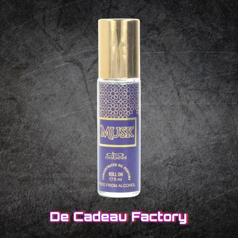 De Cadeau Factory Nabeel Musk Eau de Parfum roll-on flesje met paars etiket en gouden dop