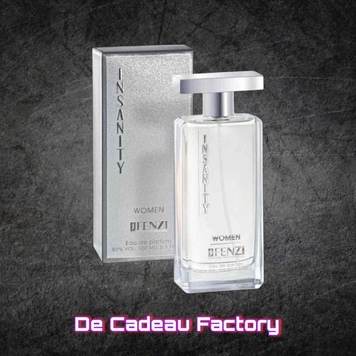 De Cadeau Factory JFENZI Insanity eau de parfum voor dames in een glazen flacon met zilverkleurige verpakking.