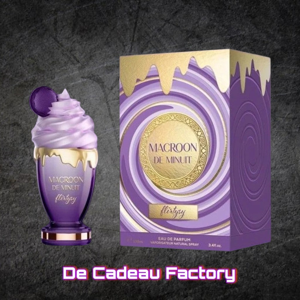 De Cadeau Factory Macroon Flirtisy Eau de Parfum in een paarse fles met slagroomdop en bijpassende geschenkverpakking.