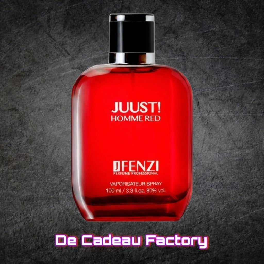 De Cadeau Factory JFENZI JUUST! Homme Red eau de parfum in een opvallende rode glazen flacon van 100ml voor heren.