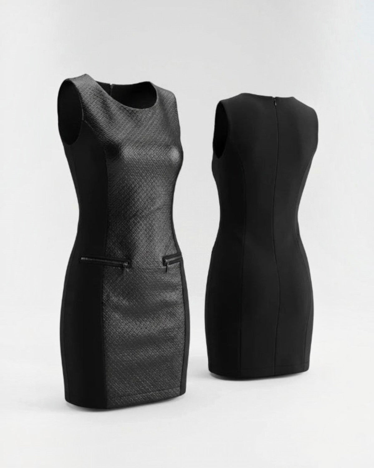 De Cadeau Factory zwarte mouwloze jurk met glanzend gestructureerd voorpand en decoratieve ritsdetails